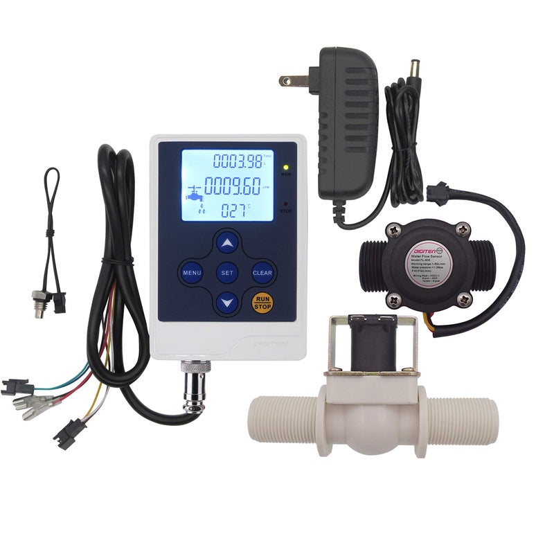 DIGITEN Water Flow Control LCD Display Controller+G3/4" Hall Sensor Flow Meter Flowmeter Counter+G3/4" Solenoid Valve Normally Closed N/C+12V Power - Image 1